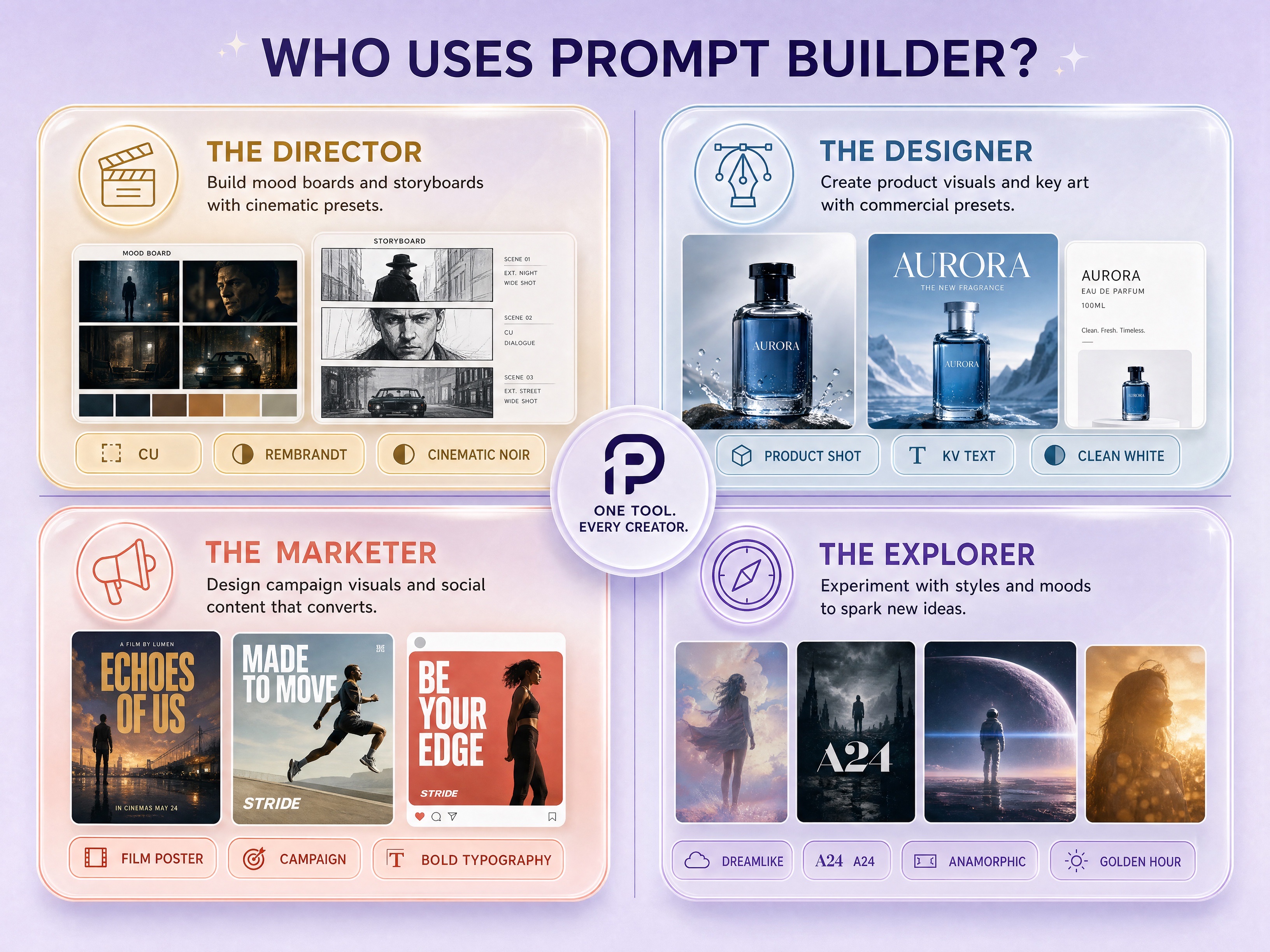 Audience map for Prompt Builder: director, designer, marketer, explorer